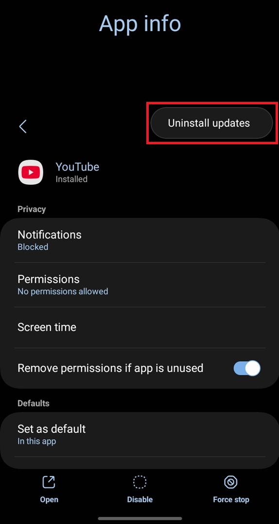 صفحة تطبيق Android تعرض مسار إلغاء تثبيت تحديثات تطبيق YouTube.
