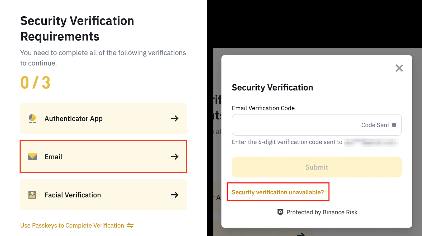 شاشة التحقق الأمني من Binance تستخدم خيار "Security verification unavailable" لإعادة تعيين طريقة مصادقة ثنائية (2FA) غير صالحة.
