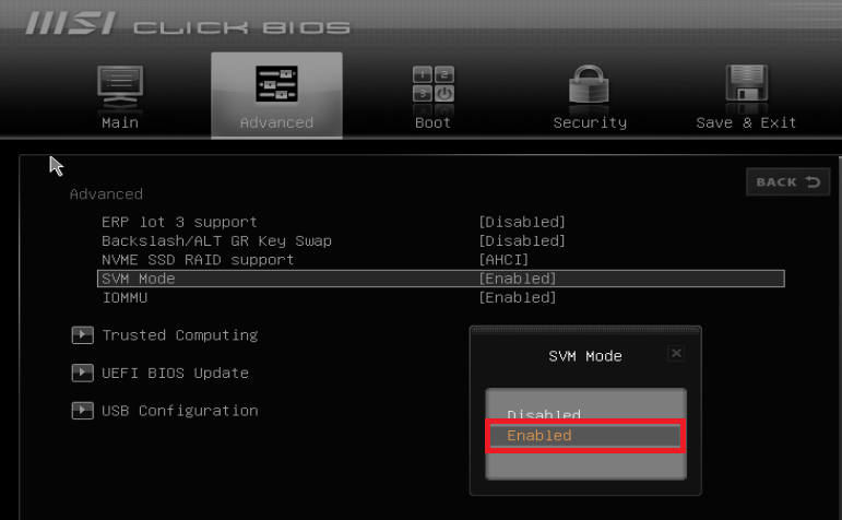 إعدادات BIOS O UEFI لتمكين تقنية المحاكاة الافتراضية لـ LDPlayer على Windows.