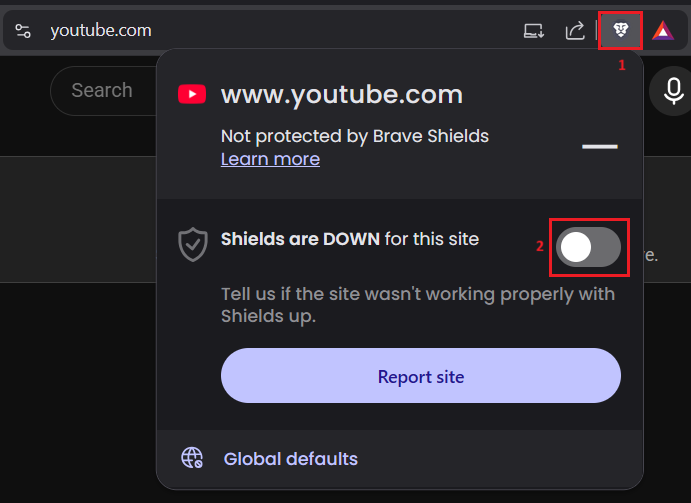 لوحة Brave Shields على YouTube مع تخفيض الحماية الخاصة بالموقع للاختبار.