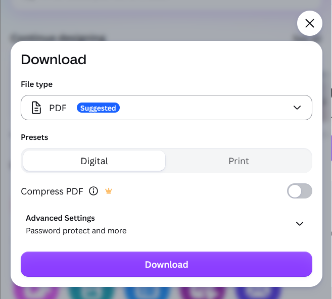 قائمة تنزيل Canva تختار عددًا أقل من الصفحات لتجنب فشل تصدير ملف PNG أو PDF.