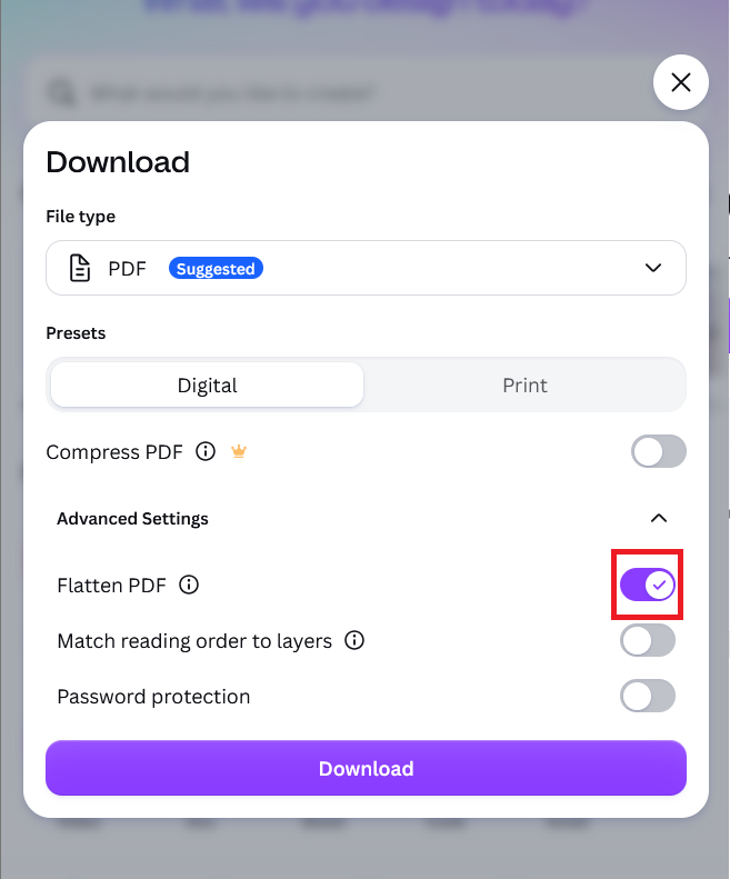 إعدادات تنزيل ملف PDF في Canva مع تمكين خيار Flatten PDF.