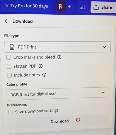 Canva يعرض فشل تنزيل ملف PNG أو PDF من قائمة Share > Download.