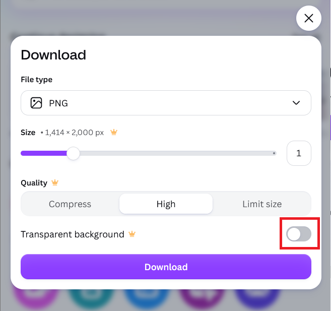إعدادات تنزيل ملف PNG في Canva تعرض خيارات الخلفية الشفافة والحجم.