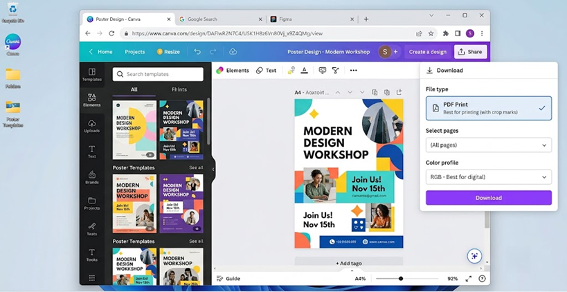 صفحة تصميم Canva تزيل صورة تالفة تم تحميلها قبل إعادة محاولة تنزيل PNG أو PDF.