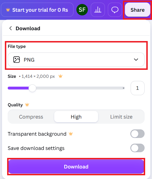قائمة تنزيل Canva Share مع أنواع ملفات PNG و PDF Standard و PDF Print.