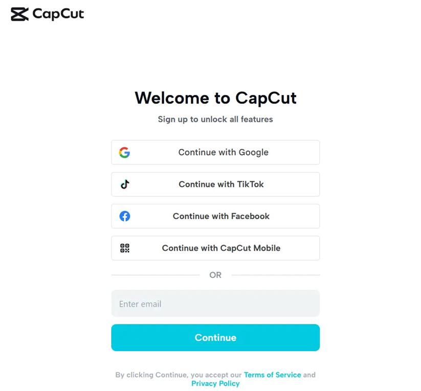 شاشة تسجيل الدخول إلى CapCut على الهاتف المحمول O الويب قبل الوصول إلى القوالب التي تتطلب حسابًا.