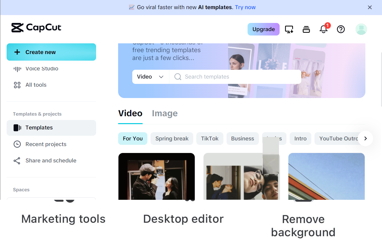 CapCut Web يعرض قسم القوالب (Templates) مع معرض رسمي أصغر مقارنة بتطبيق الهاتف المحمول.