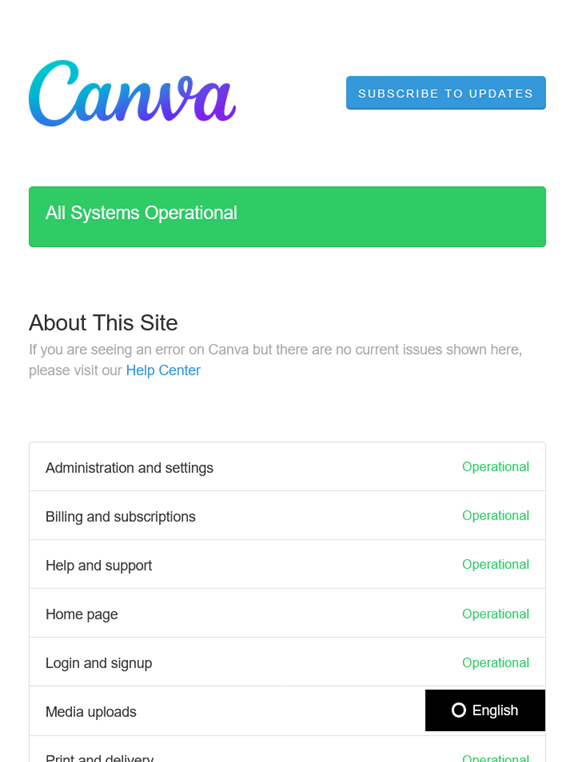 صفحة Canva Status توضح ما إذا كانت خدمات تنزيل وتحرير Canva تعمل بشكل طبيعي.