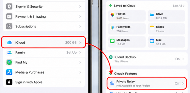 إعدادات iCloud على iPhone تظهر اشتراك iCloud Plus وصفحة توفر ميزة Private Relay من Apple.