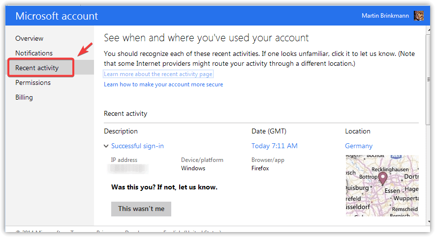 صفحة النشاط الأخير لحساب Microsoft تُظهر محاولات تسجيل الدخول والمواقع.