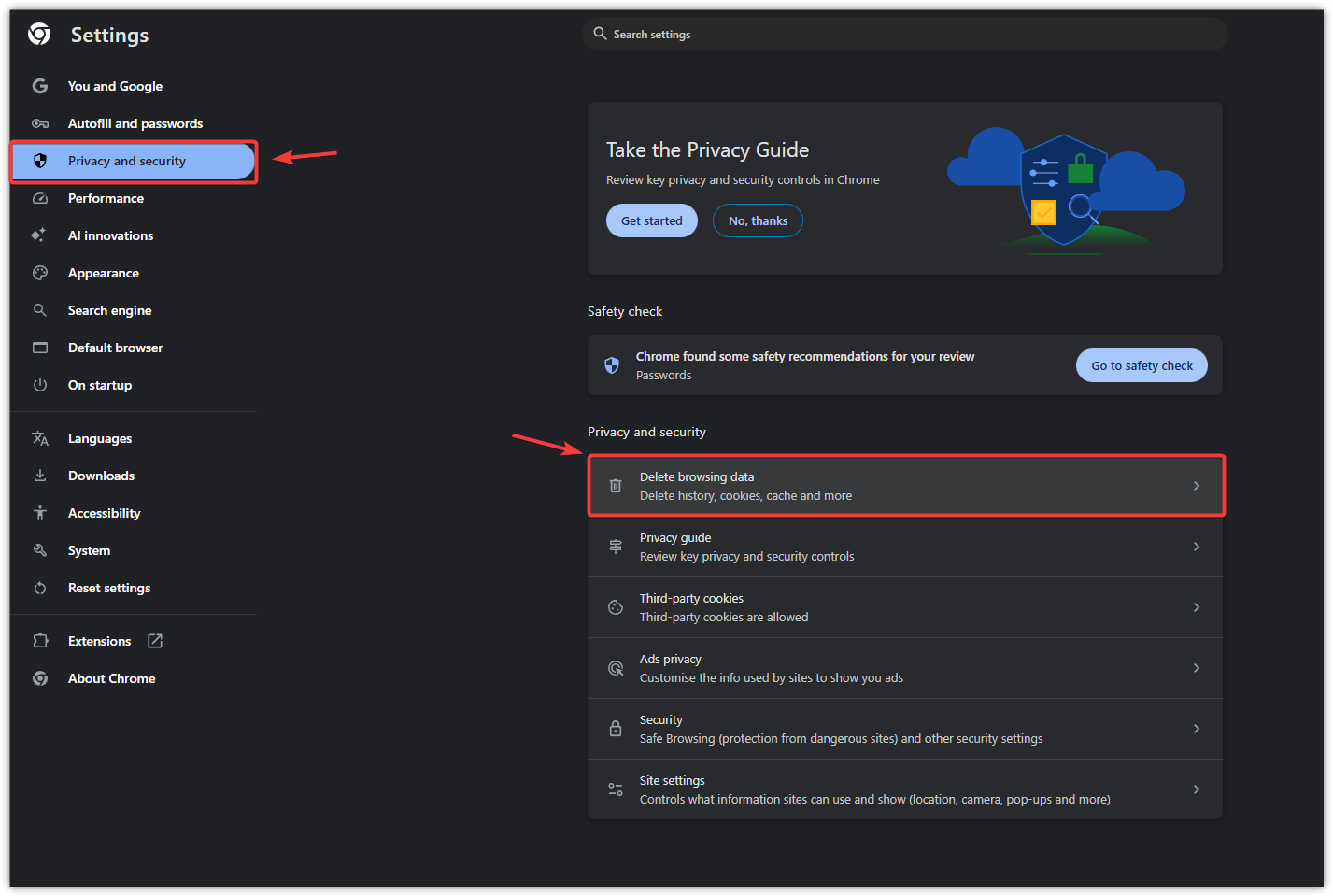 لقطة شاشة لإعدادات الخصوصية والأمان في Chrome
