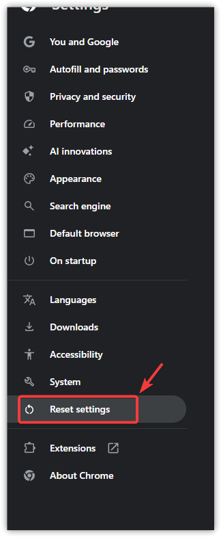 لقطة شاشة لزر إعادة تعيين الإعدادات في Chrome