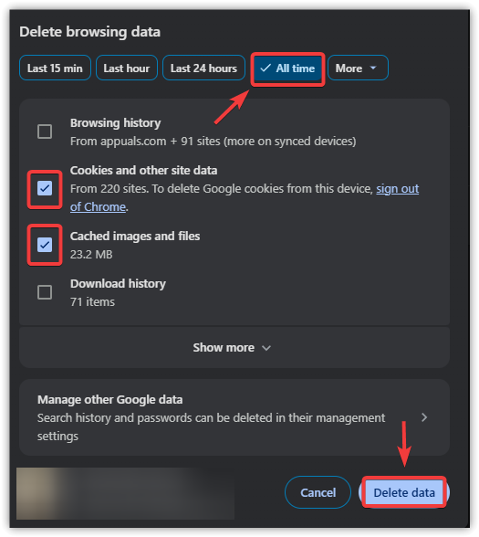 زر مسح البيانات في Chrome