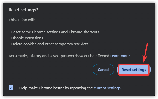 لقطة شاشة لتأكيد إعادة تعيين الإعدادات في Chrome