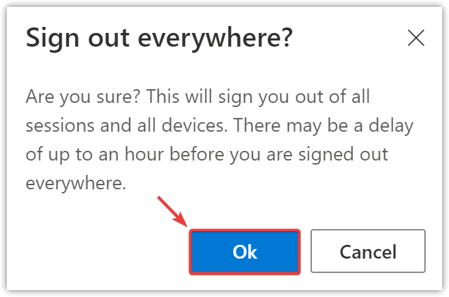 إعدادات أمان حساب Microsoft تُظهر خيار تسجيل الخروج من جميع الأجهزة (Sign out everywhere).