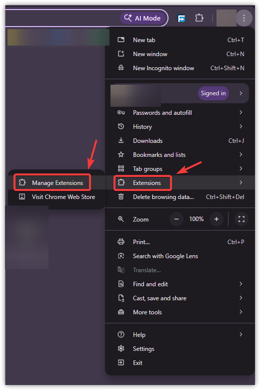 لقطة شاشة لصفحة الإضافات في Chrome