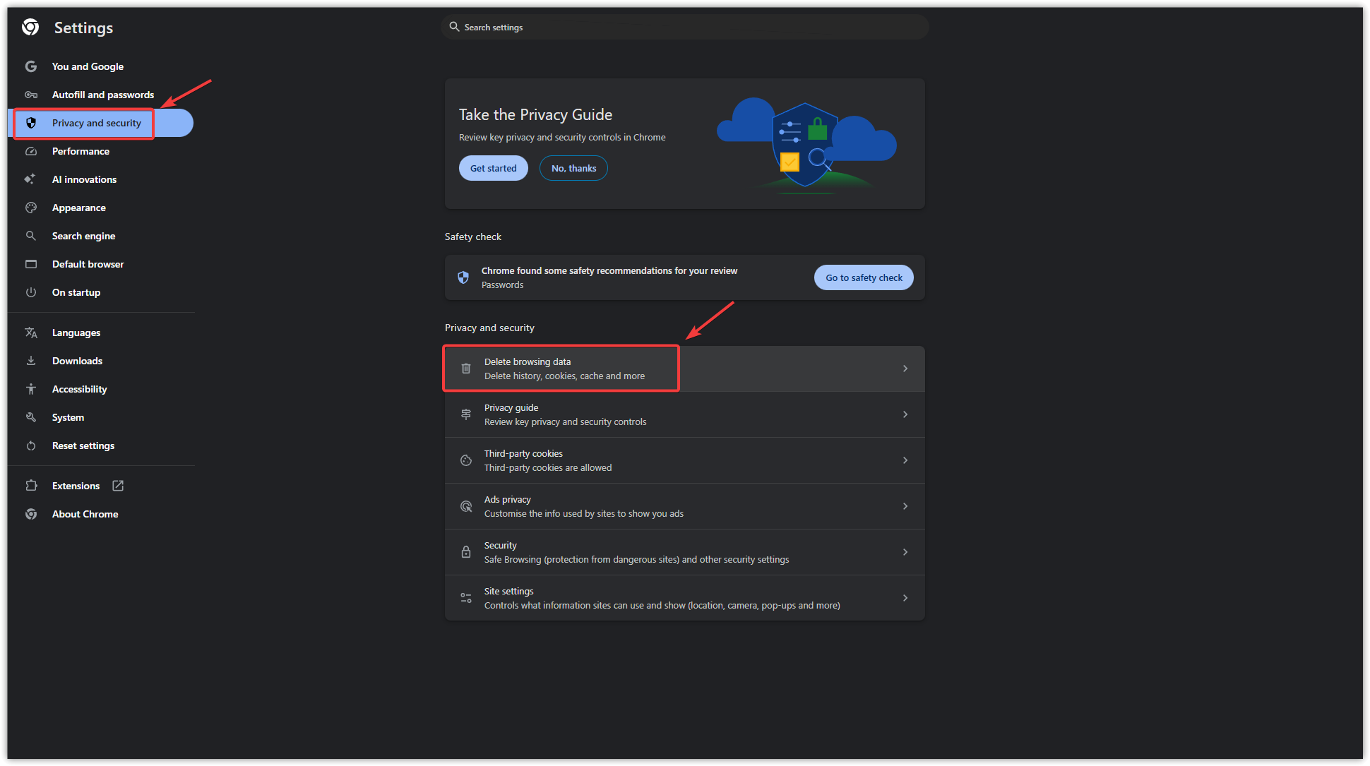 خيار مسح بيانات التصفح في Chrome