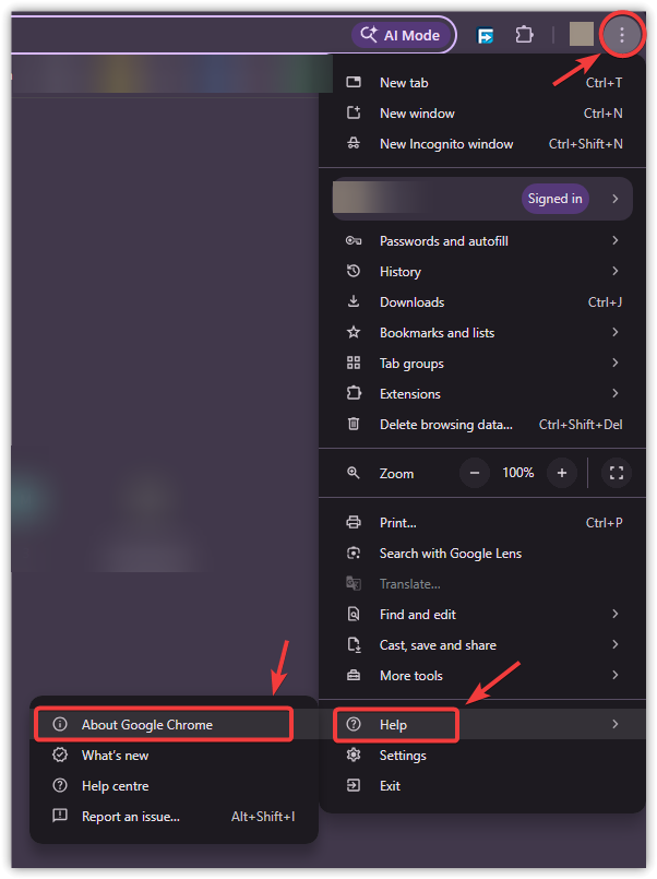 صورة توضح قائمة المساعدة في Chrome واختيار "حول Google Chrome".