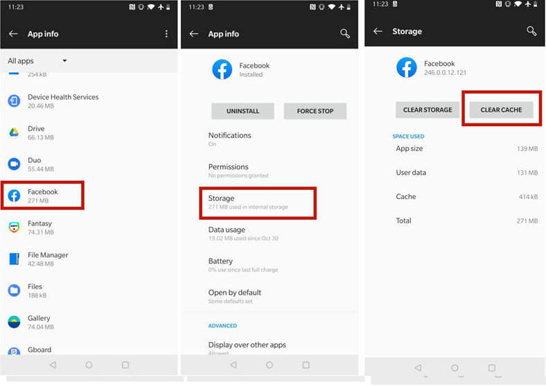 إعدادات تطبيق Android تمسح ذاكرة التخزين المؤقت لـ Facebook أثناء استكشاف مشكلة خيار تحقيق الدخل المفقود.