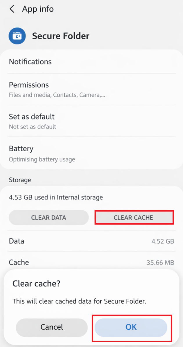 شاشة معلومات تخزين التطبيق للمجلد الآمن Secure Folder تُظهر خياري مسح ذاكرة التخزين المؤقت والبيانات.