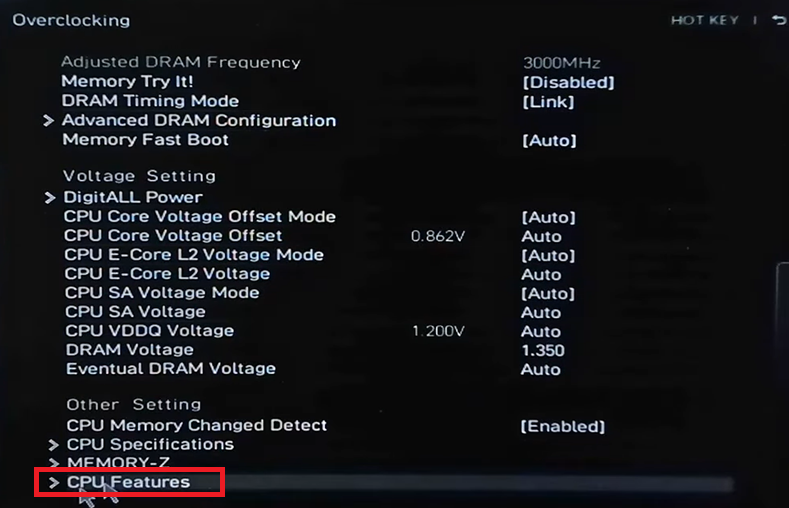 ميزات المعالج (CPU Features) في إعدادات كسر السرعة (Overclocking) في BIOS