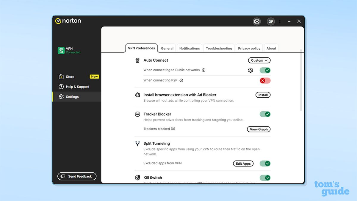 لقطة شاشة لإعدادات تطبيق Norton VPN