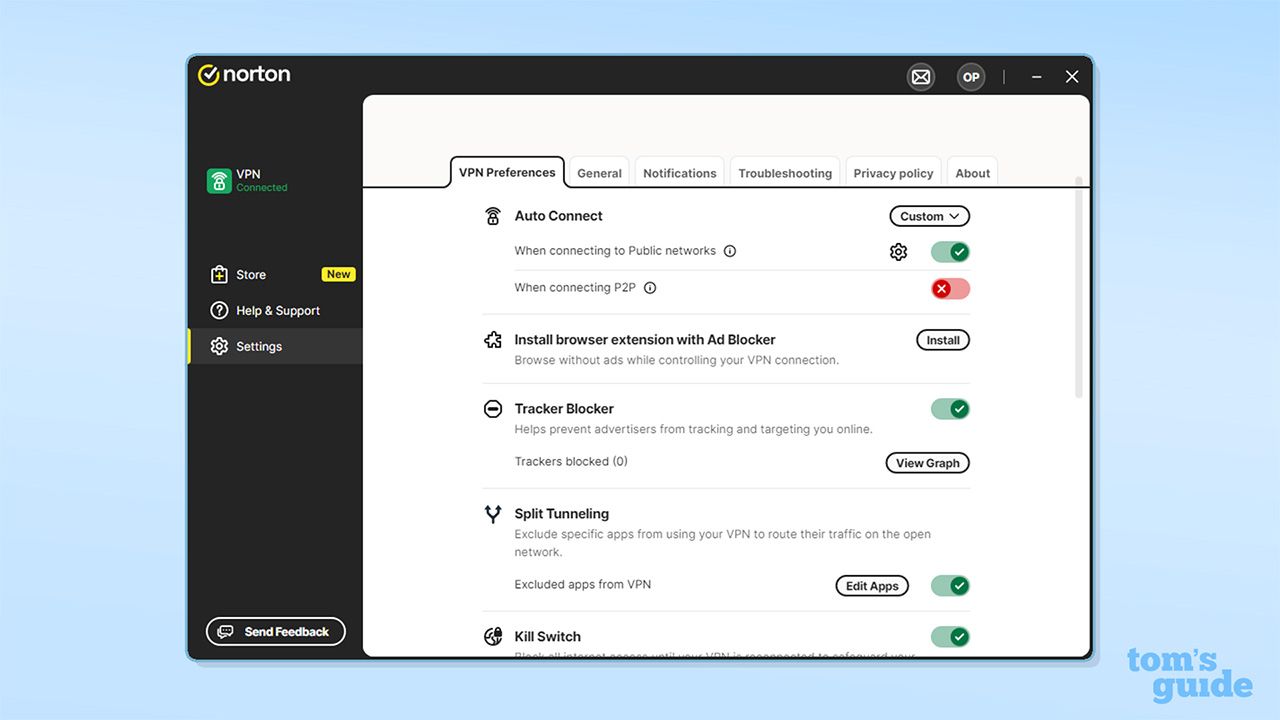 لقطة شاشة لإعدادات تطبيق Norton VPN