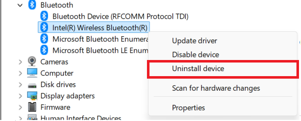 إدارة الأجهزة تقوم بإلغاء تثبيت محول Bluetooth قبل محاولة إيقاف التشغيل الكامل وإعادة التثبيت.