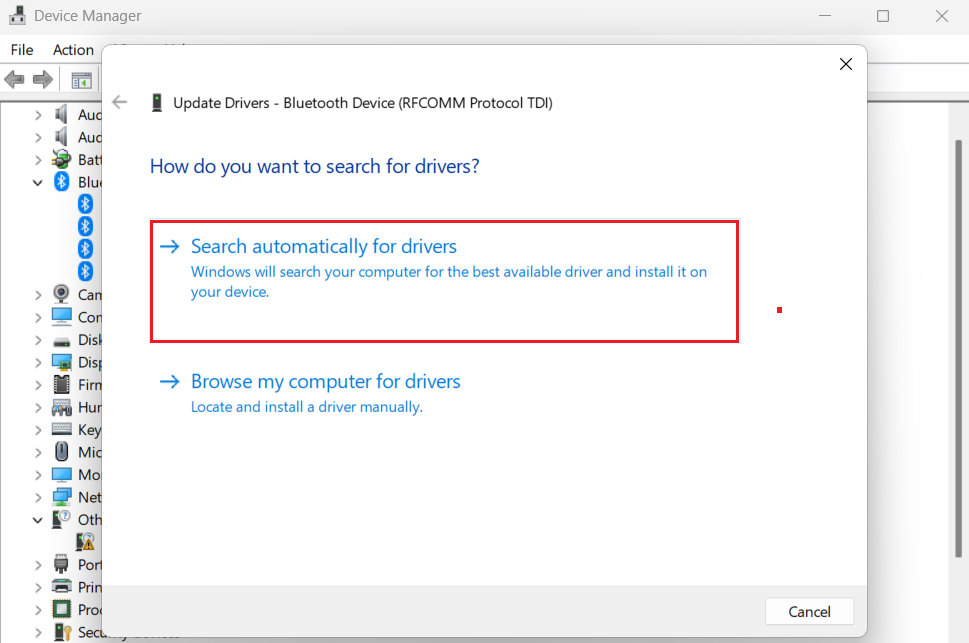 إدارة الأجهزة في Windows 11: تحديث محول البلوتوث وبرنامج تشغيل جهاز الصوت.