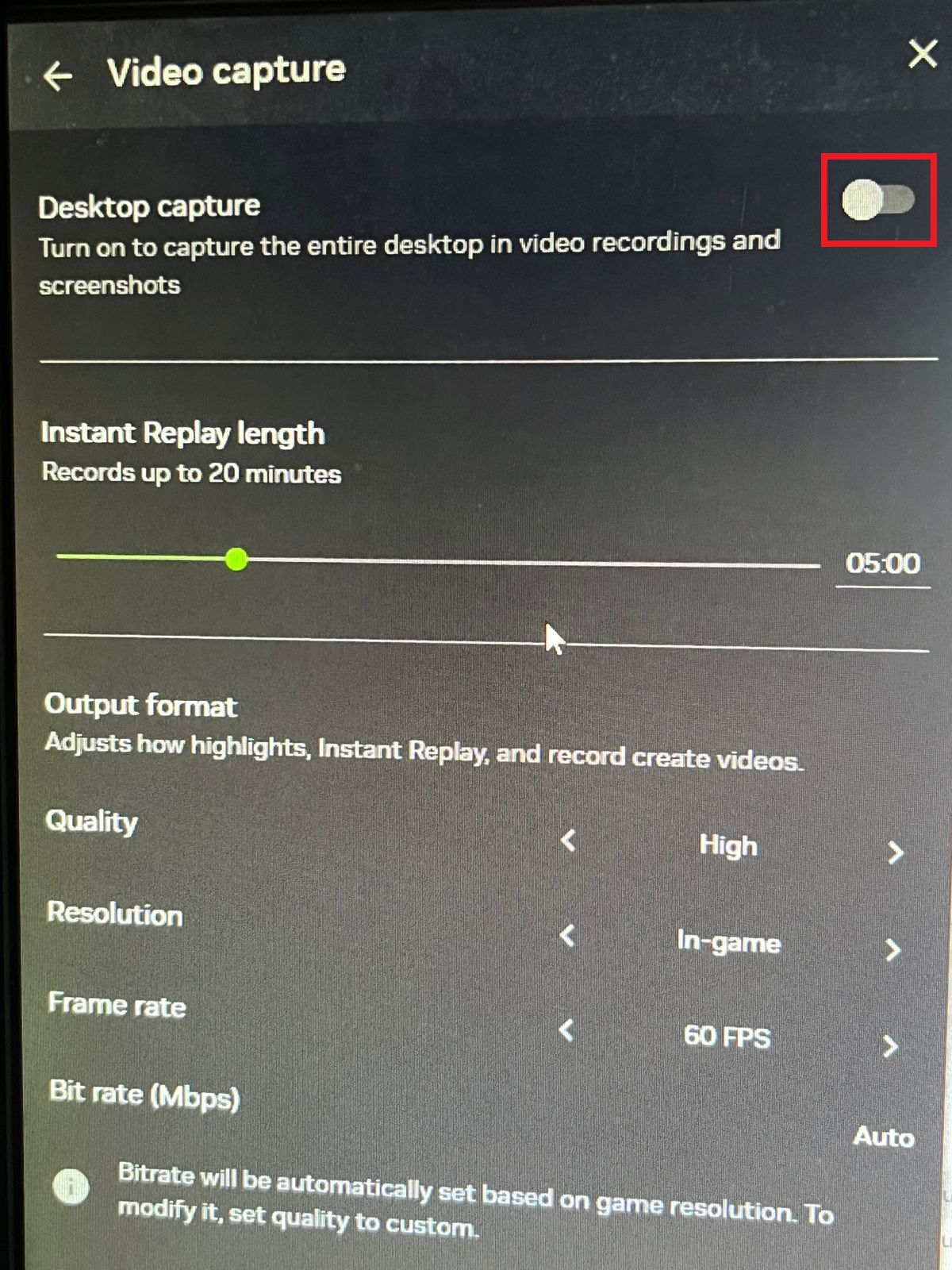 إعدادات التقاط الفيديو في تراكب NVIDIA مع إيقاف تشغيل Desktop capture لتثبيت Instant Replay للألعاب.