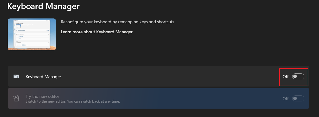 تعطيل Keyboard Manager مؤقتًا في إعدادات PowerToys.