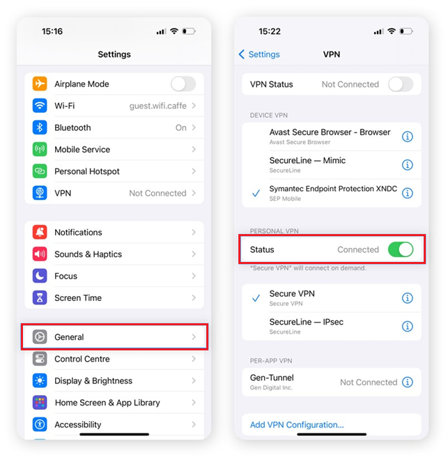 إعدادات VPN وإدارة الجهاز على iPhone تُستخدم لتعطيل VPN أو مراجعة الملفات التعريفية التي تؤثر على Private Relay.