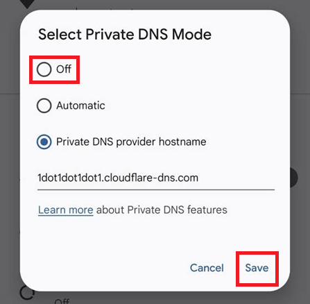 تعطيل إعدادات Private DNS على Android و VPN على iPhone لاختبار خطأ خدمات TikTok غير المتاحة.