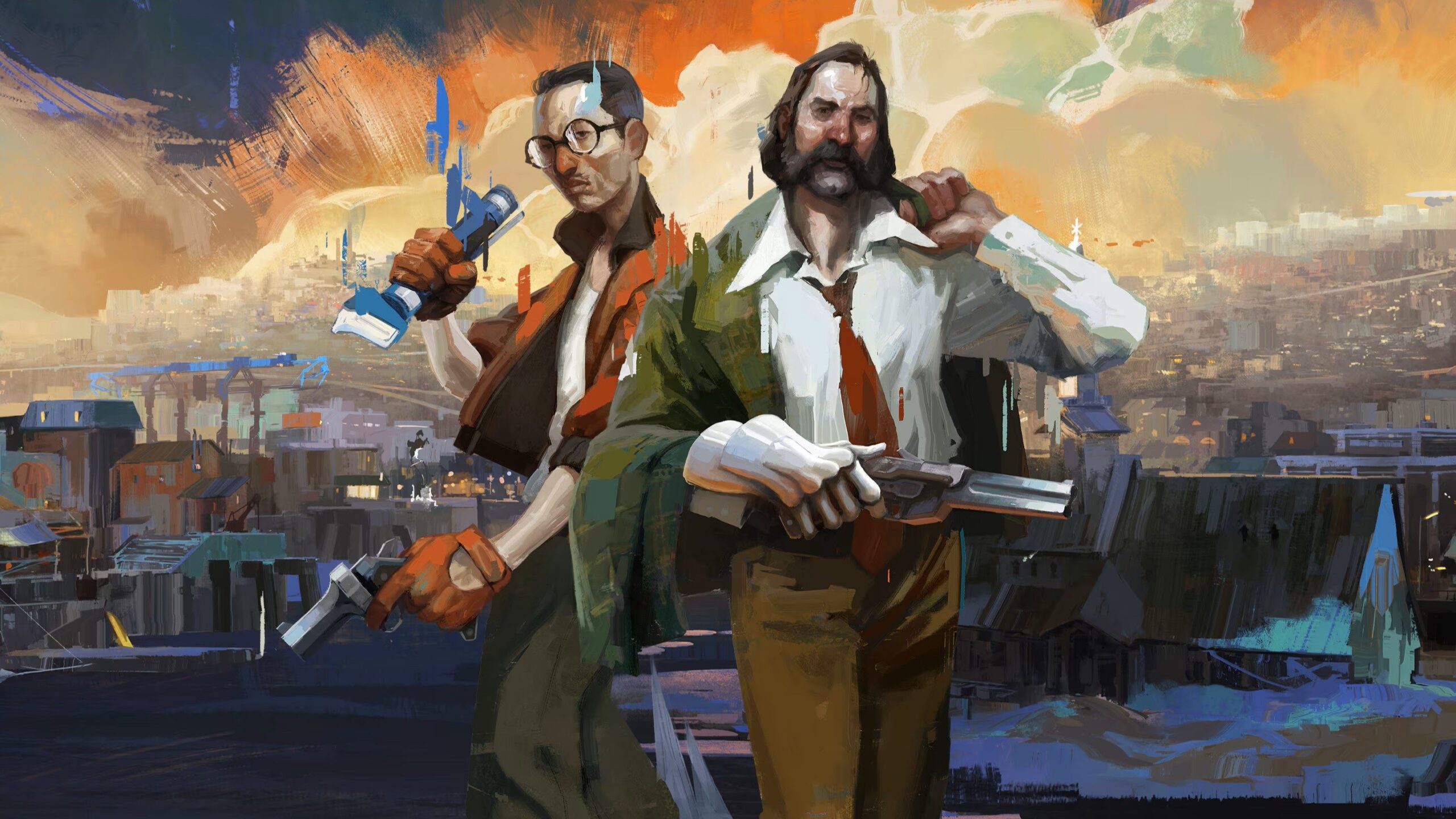 هاري وكيم من لعبة Disco Elysium يقفان أمام سماء مشرقة بضوء الشمس.
