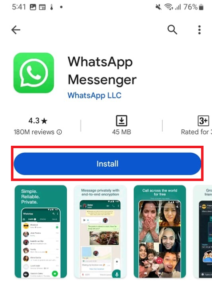 صفحة تنزيل واتساب الرسمية أو قائمة متجر التطبيقات التي تحل محل إصدار غير رسمي أو معدل.