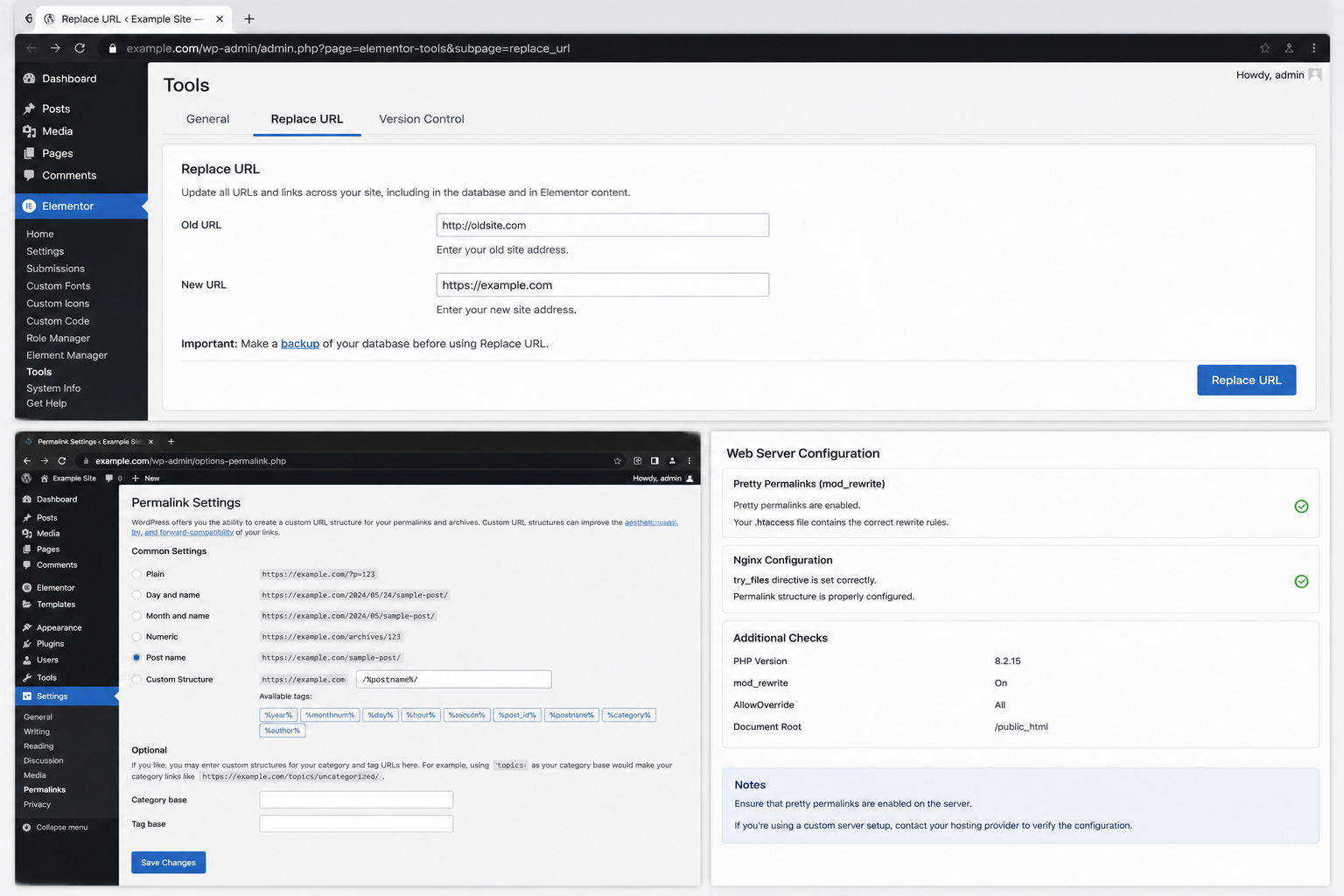 أداة Elementor Replace URL وإعدادات WordPress Permalinks المستخدمة بعد تغيير النطاق أو SSL.