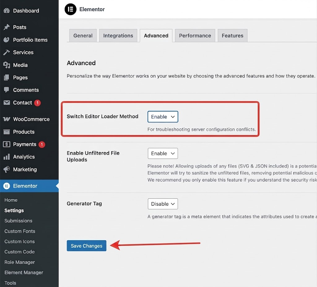 صفحة إعدادات Elementor تعرض خيار Switch Editor Loader Method ممكّنًا.