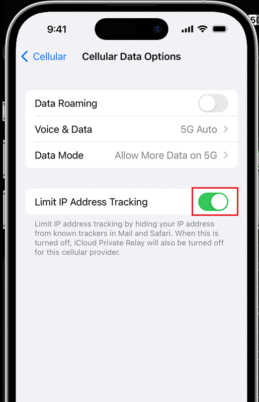 إعدادات Cellular في iPhone مع تمكين Limit IP Address Tracking لشريحة SIM النشطة.