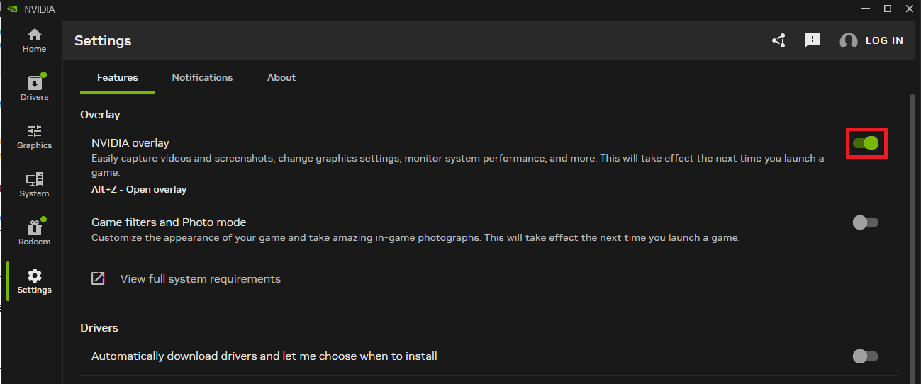 إعدادات تطبيق NVIDIA أو GeForce Experience مع تمكين In-Game Overlay.