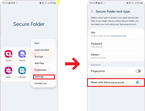 إعدادات Secure Folder تُظهر تمكين خيار Reset with Samsung account.