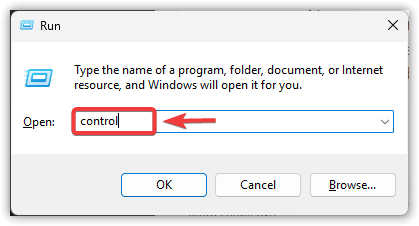 فتح نافذة Run وكتابة control