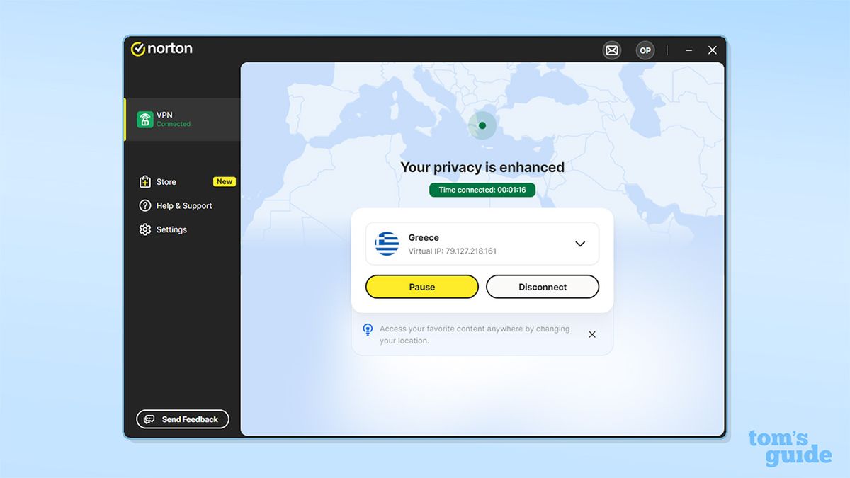 لقطة شاشة لواجهة Norton VPN عند الاتصال بخادم
