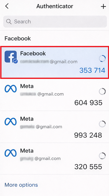 تطبيق Google Authenticator أو أي تطبيق مصادقة آخر يعرض إدخال Facebook الصحيح بين حسابات متعددة.
