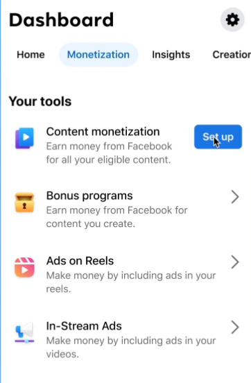 لوحة التحكم الاحترافية على Facebook تعرض علامة تبويب تحقيق الدخل (Monetization) وإدخال تحقيق الدخل من المحتوى (Content Monetization) أو رسالة اهتمام.