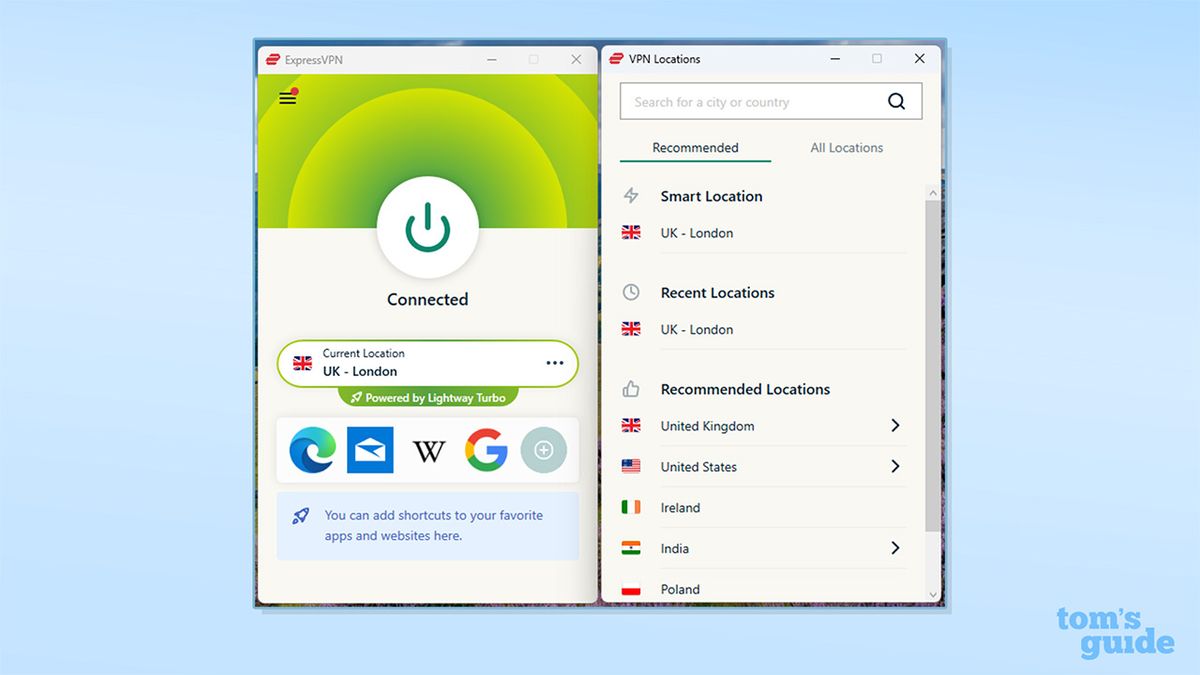 لقطة شاشة تُظهر ExpressVPN متصلاً على تطبيق Windows الخاص به.