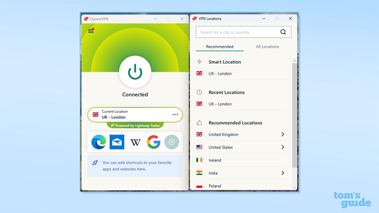 لقطة شاشة تُظهر ExpressVPN متصلاً على تطبيق Windows الخاص به.