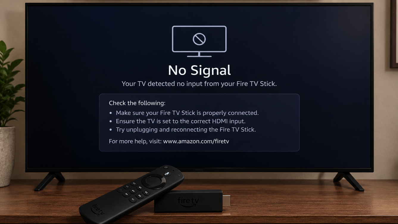 جهاز Fire TV Stick متصل بتلفزيون يعرض رسالة لا توجد إشارة على مدخل HDMI المحدد.