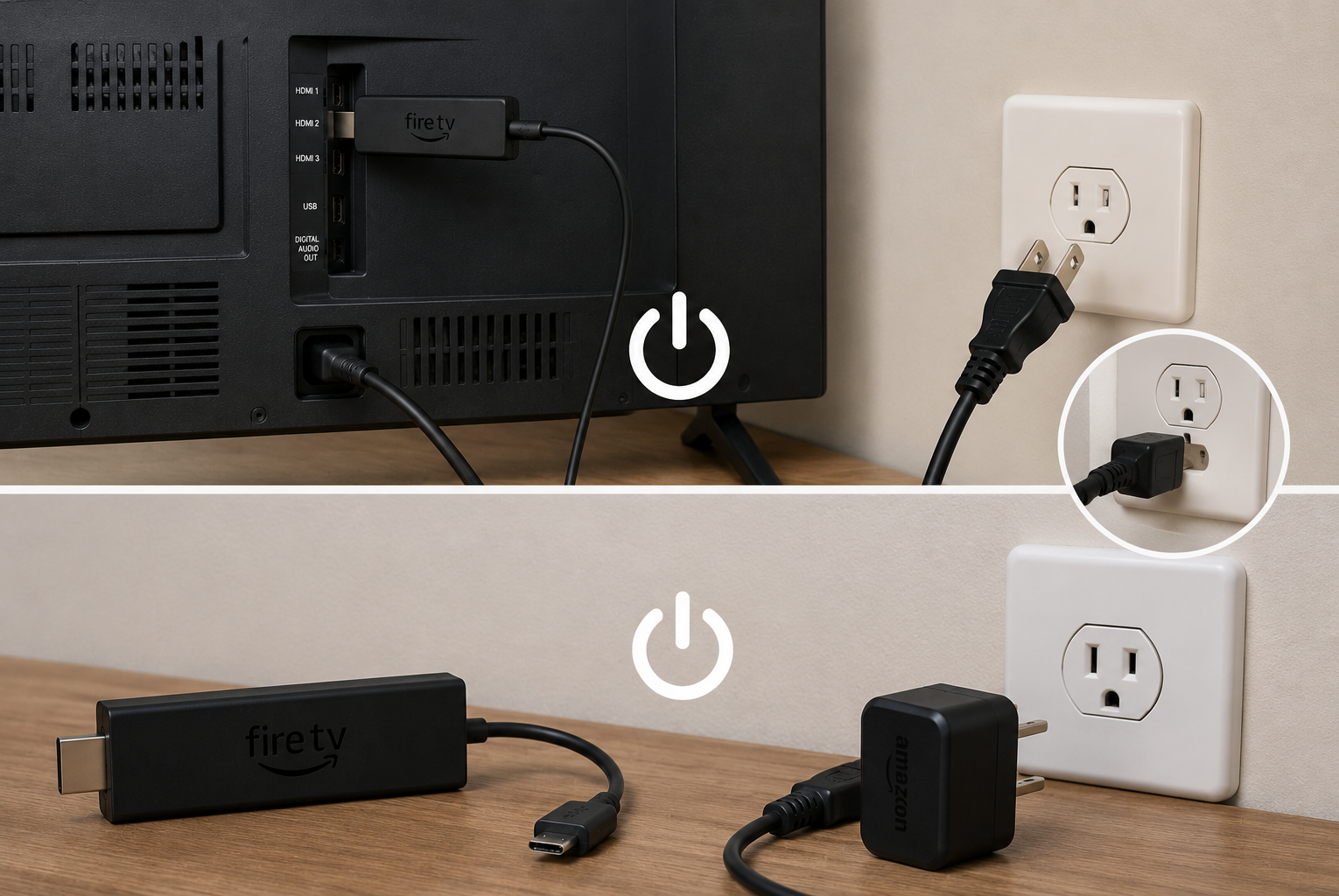 التلفزيون وجهاز Fire TV Stick كلاهما مفصولان عن الطاقة أثناء إعادة تشغيل كاملة.