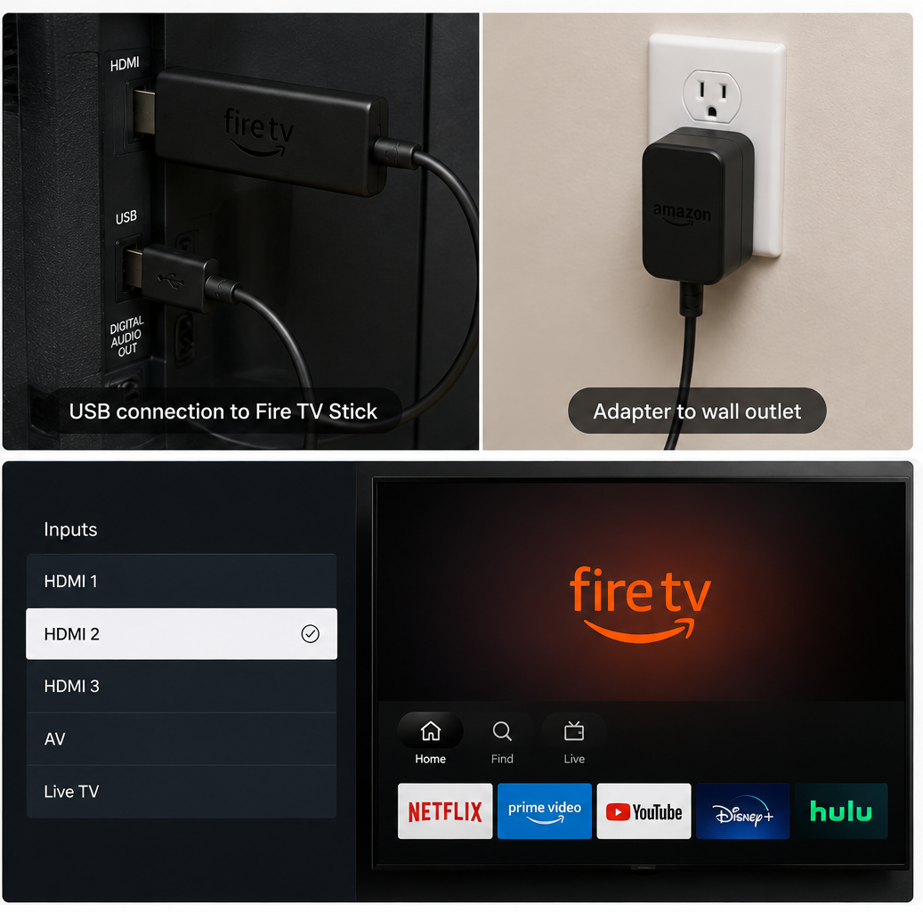 إعادة تثبيت محول وكابل طاقة Fire TV Stick في مقبس الحائط والجهاز.